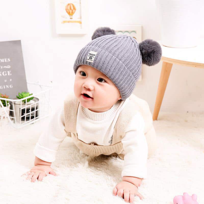 H00083 หมวกถักเส้นด้ายปั่นแกนบอลคู่สำหรับเด็ก