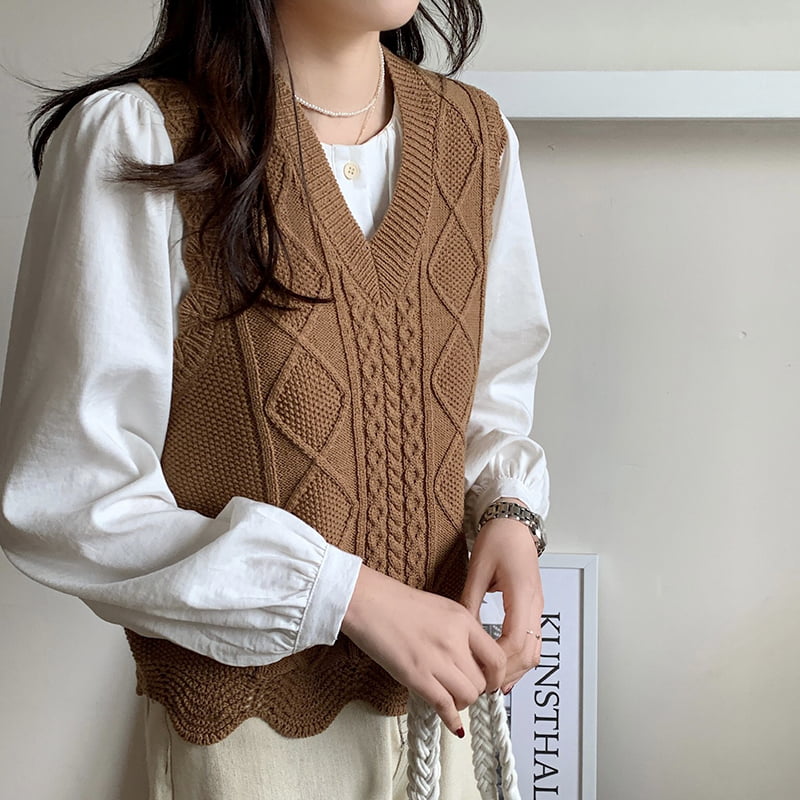 SM-K0025 เสื้อกั๊กถักผู้หญิงคอวีสีทึบฤดูใบไม้ผลิ/ฤดูร้อน