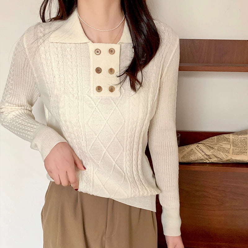 SM-K0026 จัมเปอร์ถักแขนยาวคอปกผู้หญิงกระดุมสองแถวขนาดเล็ก SM-K0026 จัมเปอร์ถักแขนยาวคอปกผู้หญิงกระดุมสองแถวขนาดเล็ก