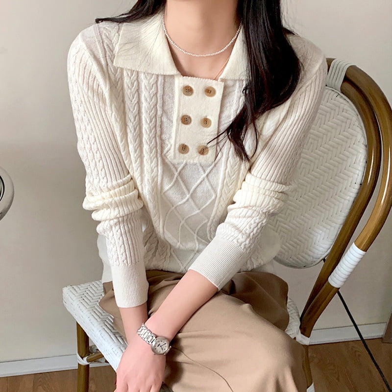 SM-K0026 จัมเปอร์ถักแขนยาวคอปกผู้หญิงกระดุมสองแถวขนาดเล็ก SM-K0026 จัมเปอร์ถักแขนยาวคอปกผู้หญิงกระดุมสองแถวขนาดเล็ก