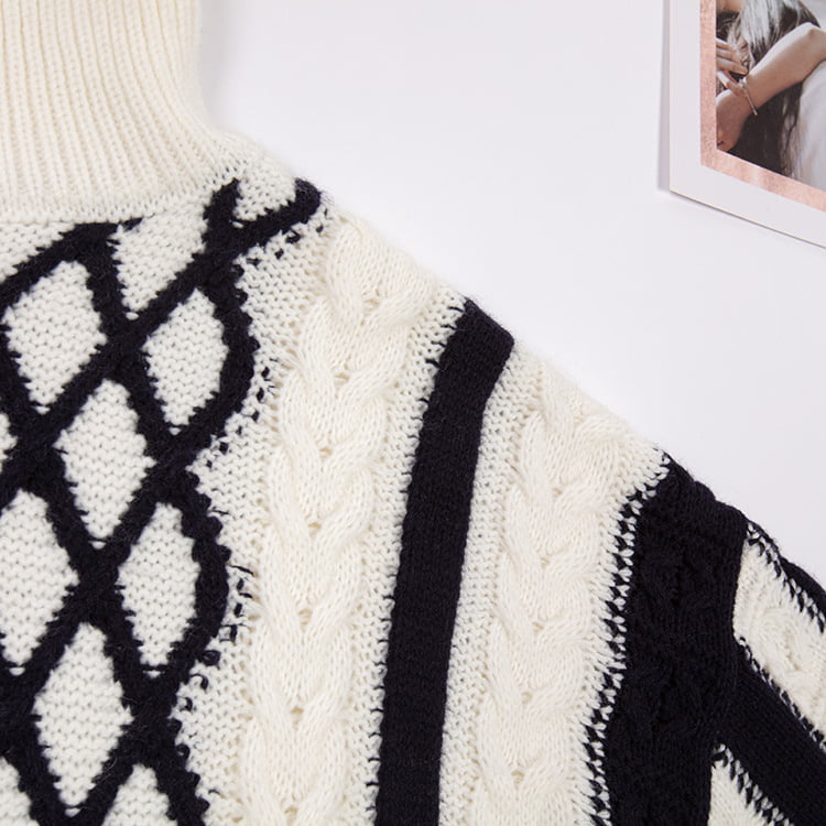 SM-K0045 เสื้อสเวตเตอร์จัมเปอร์ผ้าถักหนาคอสูงสีดําสีขาวบิดผ้าโมแฮร์คอนทราสต์ SM-K0045 เสื้อสเวตเตอร์จัมเปอร์ผ้าถักหนาคอสูงสีดําสีขาวบิดผ้าโมแฮร์คอนทราสต์