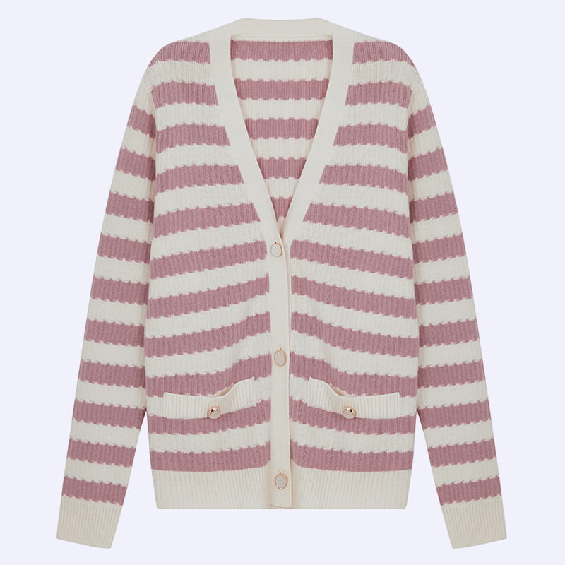 ML2204 เสื้อแจ็คเก็ตคาร์ดิแกนถักคอวีลายทางสีชมพูและสีขาว