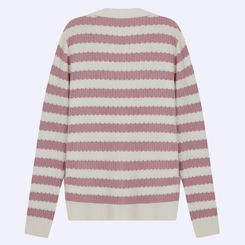 ML2204 เสื้อแจ็คเก็ตคาร์ดิแกนถักคอวีลายทางสีชมพูและสีขาว ML2204 เสื้อแจ็คเก็ตคาร์ดิแกนถักคอวีลายทางสีชมพูและสีขาว