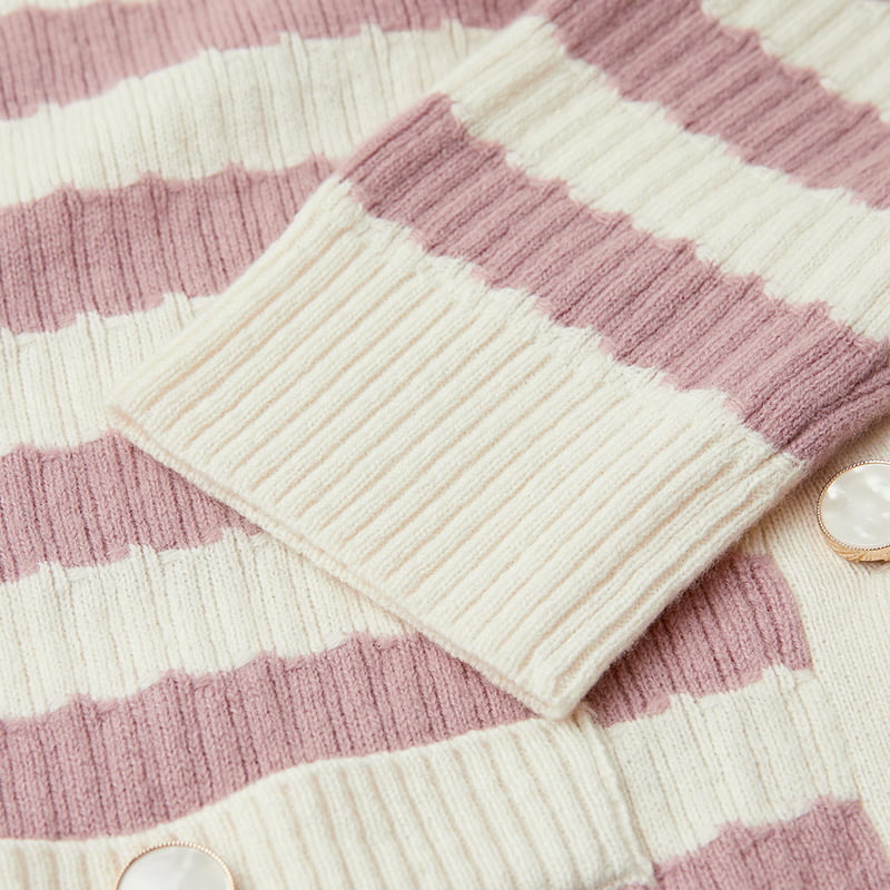 ML2204 เสื้อแจ็คเก็ตคาร์ดิแกนถักคอวีลายทางสีชมพูและสีขาว ML2204 เสื้อแจ็คเก็ตคาร์ดิแกนถักคอวีลายทางสีชมพูและสีขาว