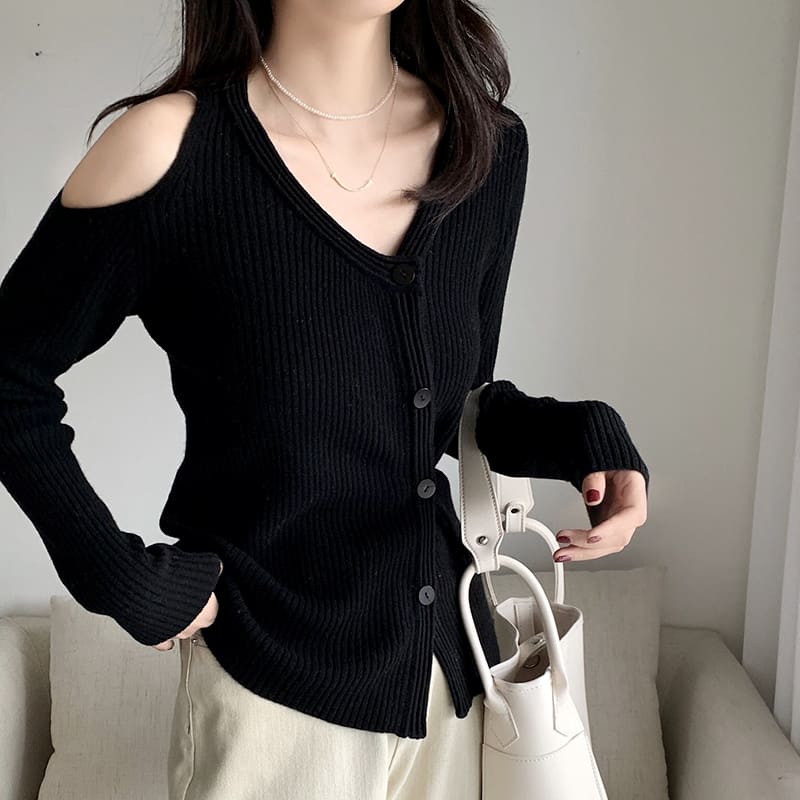 SM-K0022 เสื้อคาร์ดิแกนถักแขนยาวคอวีปิดไหล่และดีไซน์เฉพาะกลุ่ม