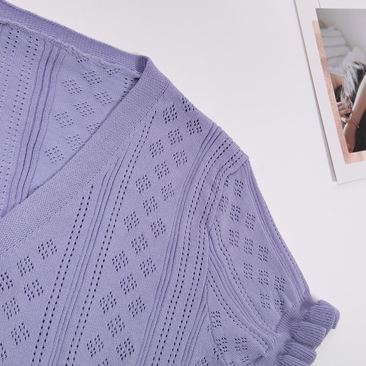 SM-K0015 ฤดูร้อนคอวีแขนสั้นบางแขนสั้นคาร์ดิแกนถักไหมน้ำแข็งกลวงออก SM-K0015 ฤดูร้อนคอวีแขนสั้นบางแขนสั้นคาร์ดิแกนถักไหมน้ำแข็งกลวงออก