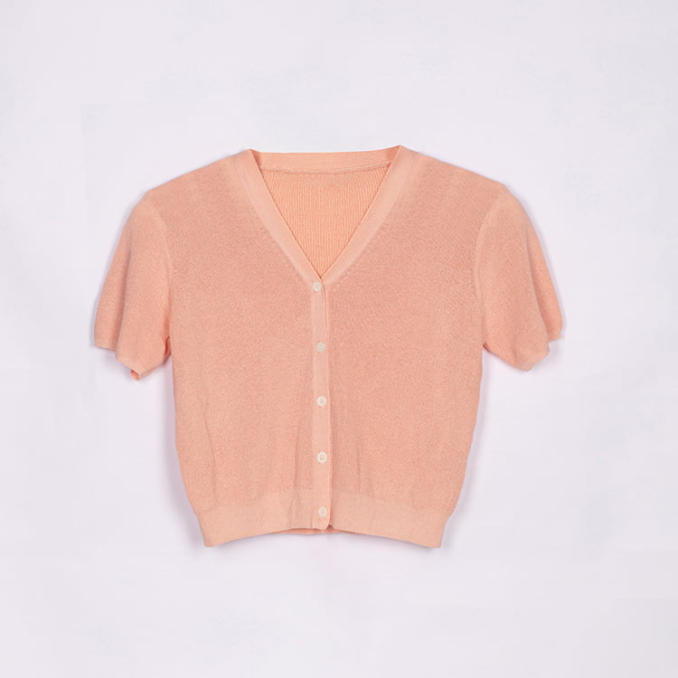 SM-K0046 เสื้อคาร์ดิแกนถักนิตติ้งแขนสั้นคอวีติดกระดุมผ้าลินินเย็นสลิมฟิต