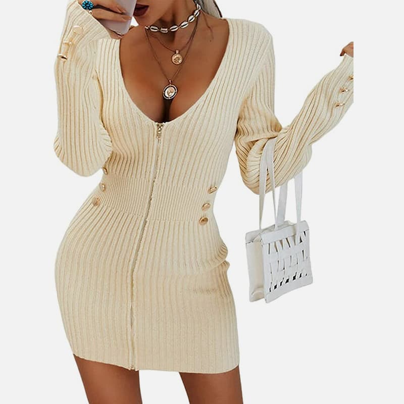 SM-K0078 ชุดเดรสผ้าถักสั้นคอวีแขนยาวมีซิป SM-K0078 ชุดเดรสผ้าถักสั้นคอวีแขนยาวมีซิป