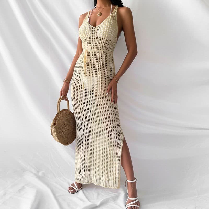 SM-K0109 ชุดเดรสถักเซ็กซี่ Hollowed-out Slit Strappy