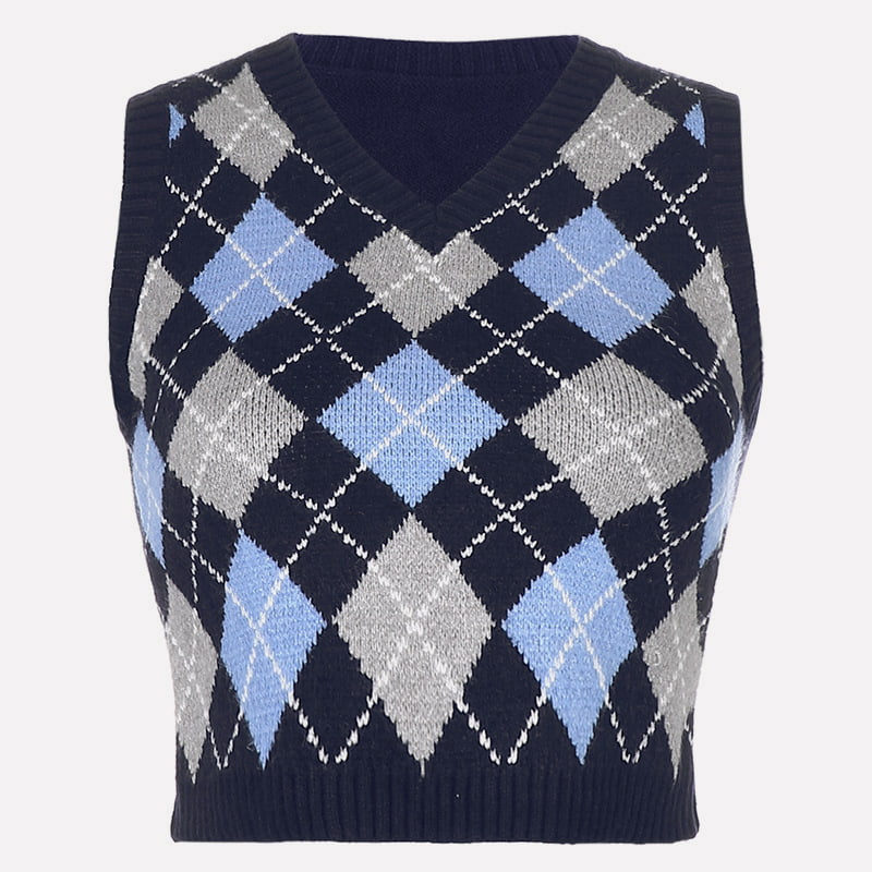 SM-K0058 เสื้อกล้ามถักสั้นคอวีลายตารางเรขาคณิต SM-K0058 เสื้อกล้ามถักสั้นคอวีลายตารางเรขาคณิต