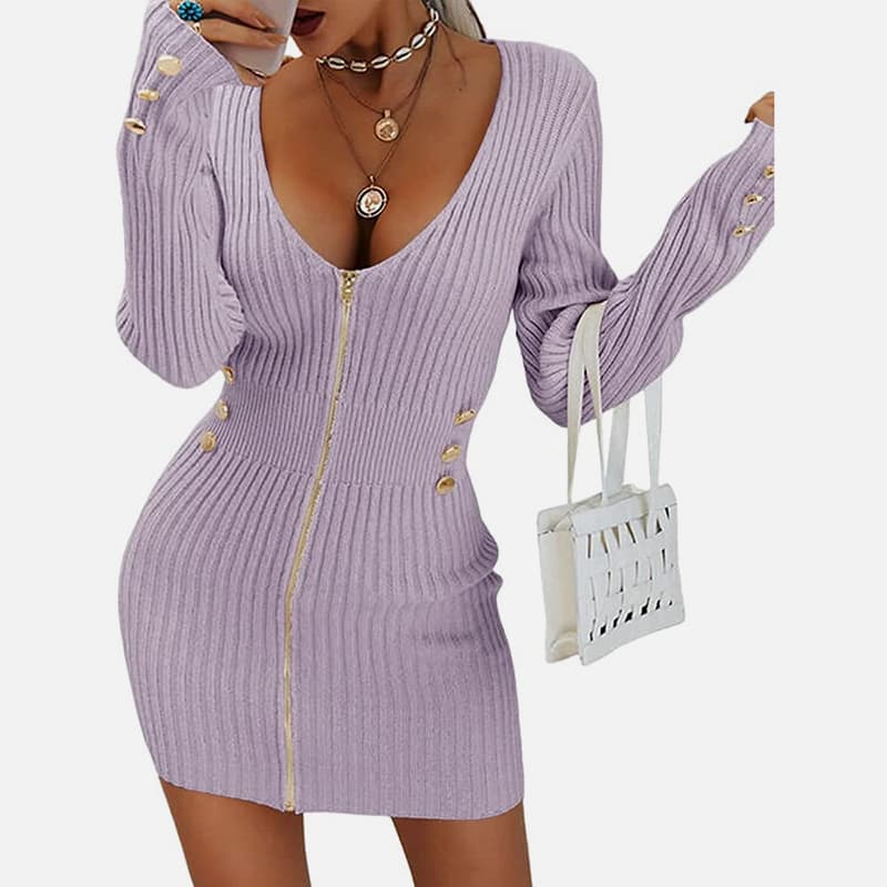 SM-K0078 ชุดเดรสผ้าถักสั้นคอวีแขนยาวมีซิป SM-K0078 ชุดเดรสผ้าถักสั้นคอวีแขนยาวมีซิป