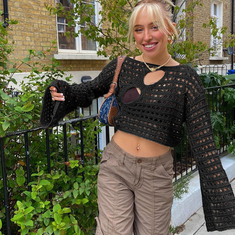 SM-K0084 จัมเปอร์ถักแขนสั้นทรงแตรแบบกลวงออก SM-K0084 จัมเปอร์ถักแขนสั้นทรงแตรแบบกลวงออก