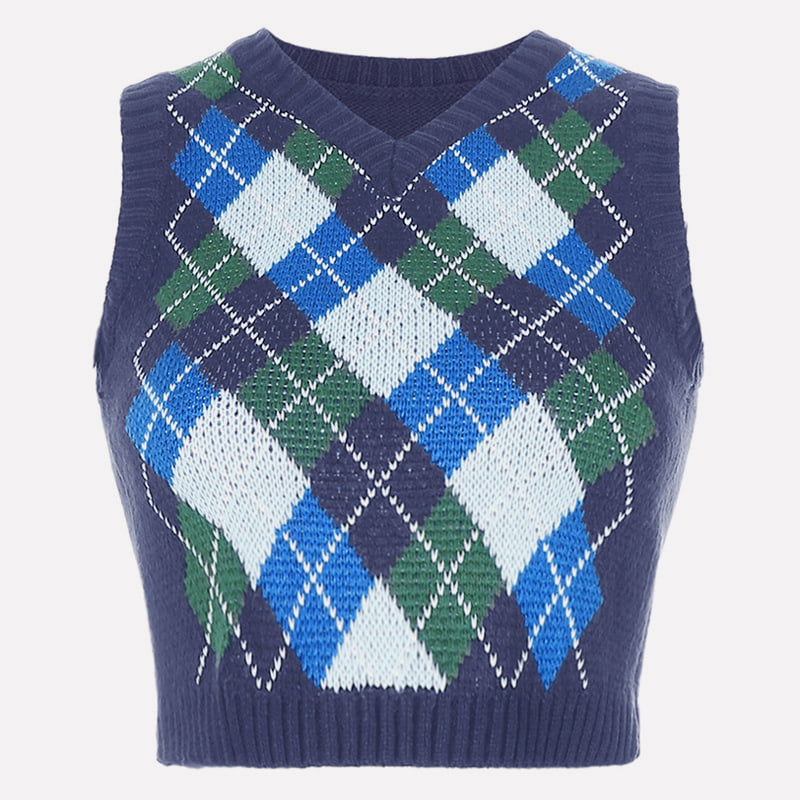 SM-K0058 เสื้อกล้ามถักสั้นคอวีลายตารางเรขาคณิต SM-K0058 เสื้อกล้ามถักสั้นคอวีลายตารางเรขาคณิต