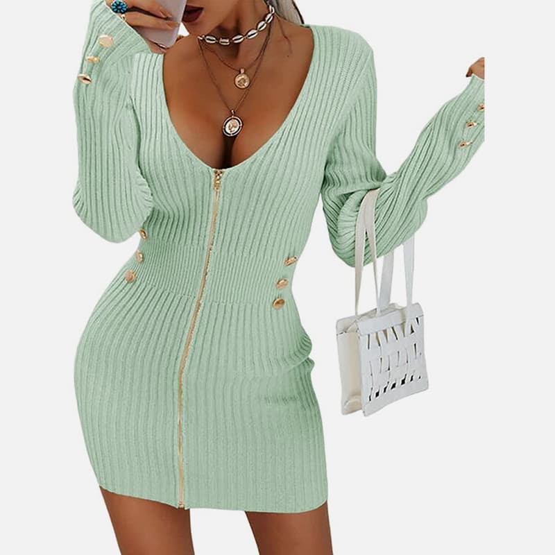 SM-K0078 ชุดเดรสผ้าถักสั้นคอวีแขนยาวมีซิป SM-K0078 ชุดเดรสผ้าถักสั้นคอวีแขนยาวมีซิป