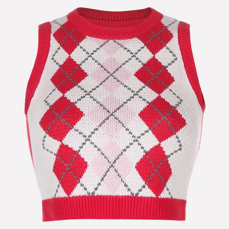 SM-K0058 เสื้อกล้ามถักสั้นคอวีลายตารางเรขาคณิต SM-K0058 เสื้อกล้ามถักสั้นคอวีลายตารางเรขาคณิต