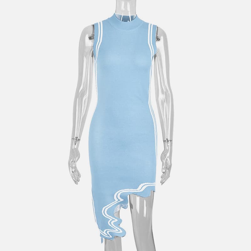 SM-K0079 ชุดเดรสคอกลมแขนกุดลายทางไม่สมมาตร SM-K0079 ชุดเดรสคอกลมแขนกุดลายทางไม่สมมาตร