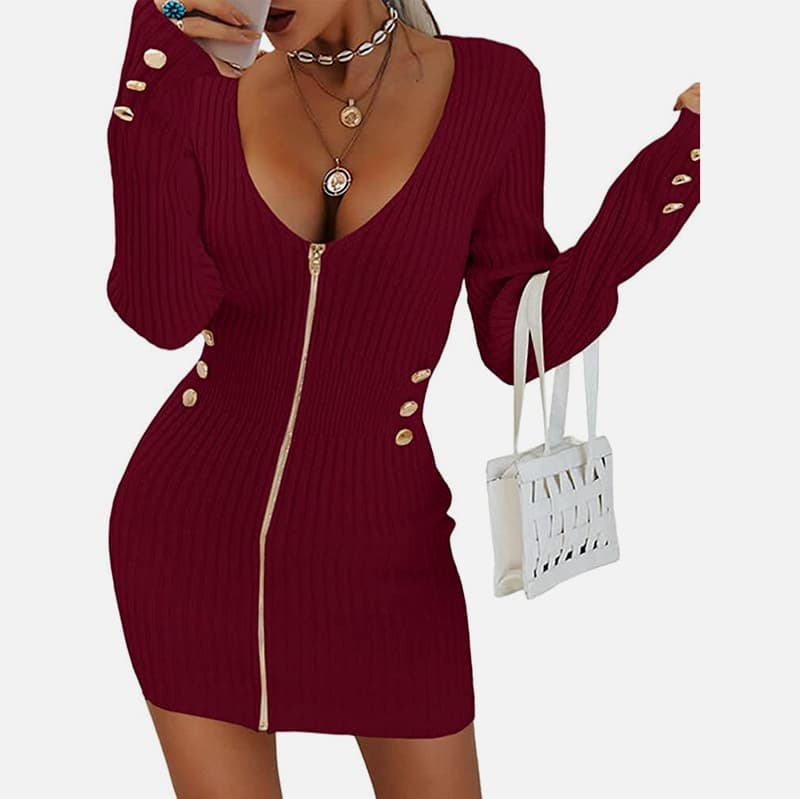 SM-K0078 ชุดเดรสผ้าถักสั้นคอวีแขนยาวมีซิป SM-K0078 ชุดเดรสผ้าถักสั้นคอวีแขนยาวมีซิป