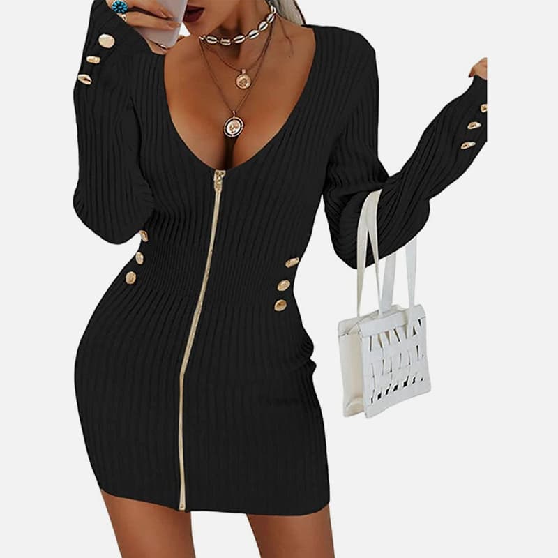 SM-K0078 ชุดเดรสผ้าถักสั้นคอวีแขนยาวมีซิป SM-K0078 ชุดเดรสผ้าถักสั้นคอวีแขนยาวมีซิป