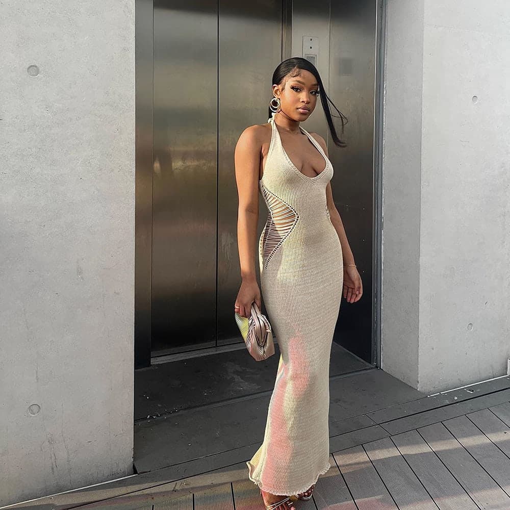 SM-K0073 ชุดเดรสถักเชือกแขวนคอคอวีแขนกุดสีทึบ SM-K0073 ชุดเดรสถักเชือกแขวนคอคอวีแขนกุดสีทึบ